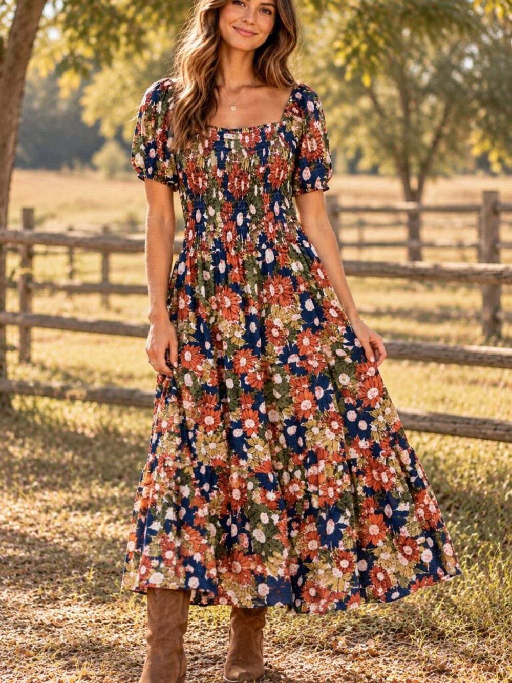 Natural Life Daisy Tiered Maxi Dress L/XL Floral Smocked Puff Sleeve Boho